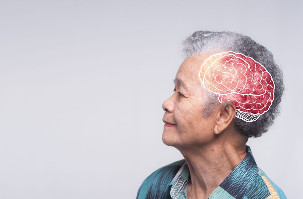 Profile of a senior woman with an illustration of a brain superimposed on her head.
