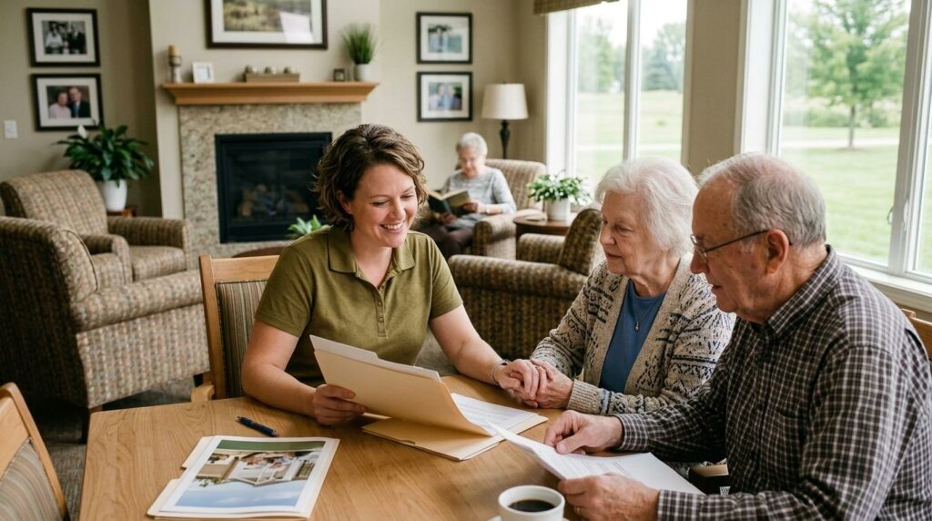 Smiling senior and family member reviewing assisted living application paperwork together at a table.