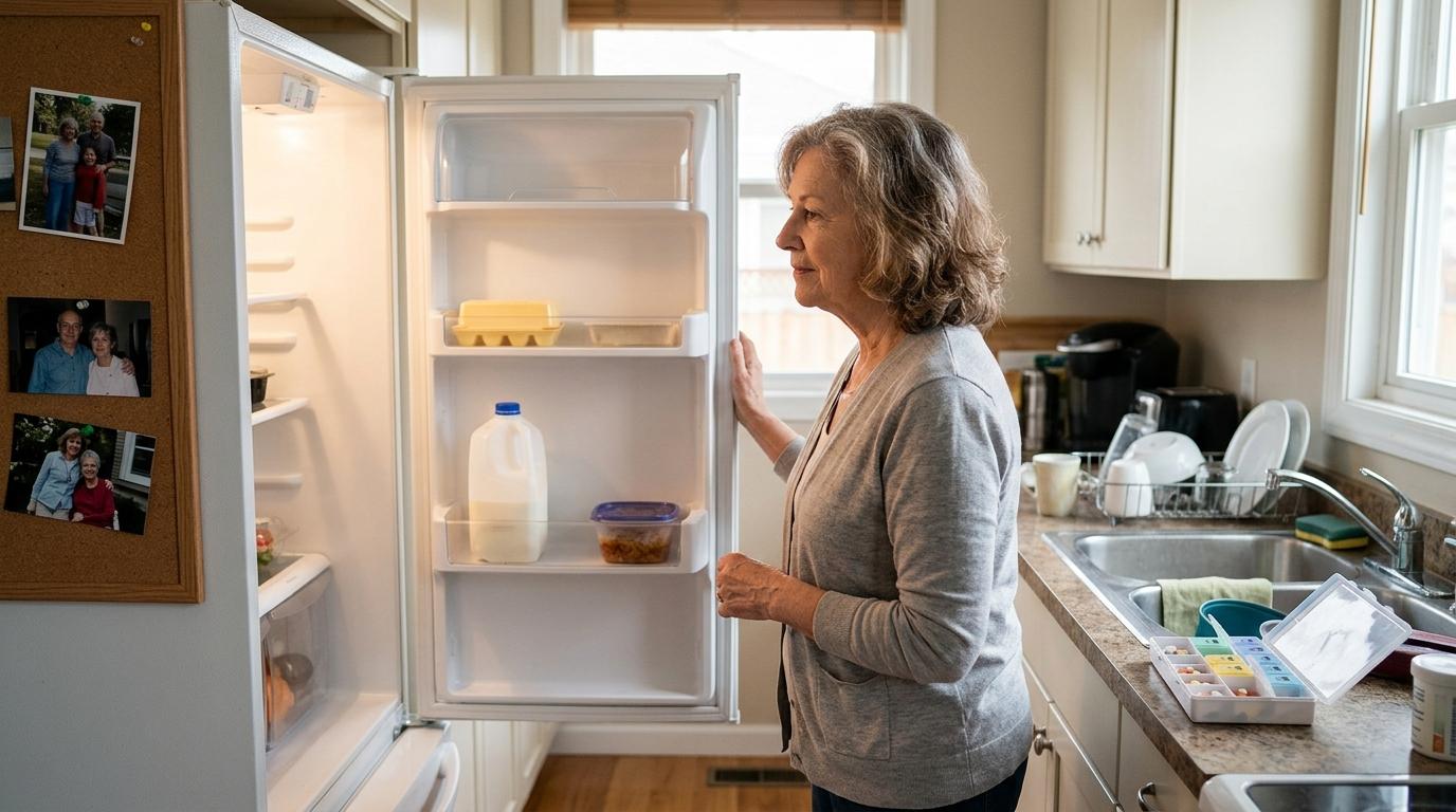 A senior looking into their open refrigerator in the kitchen of their home.