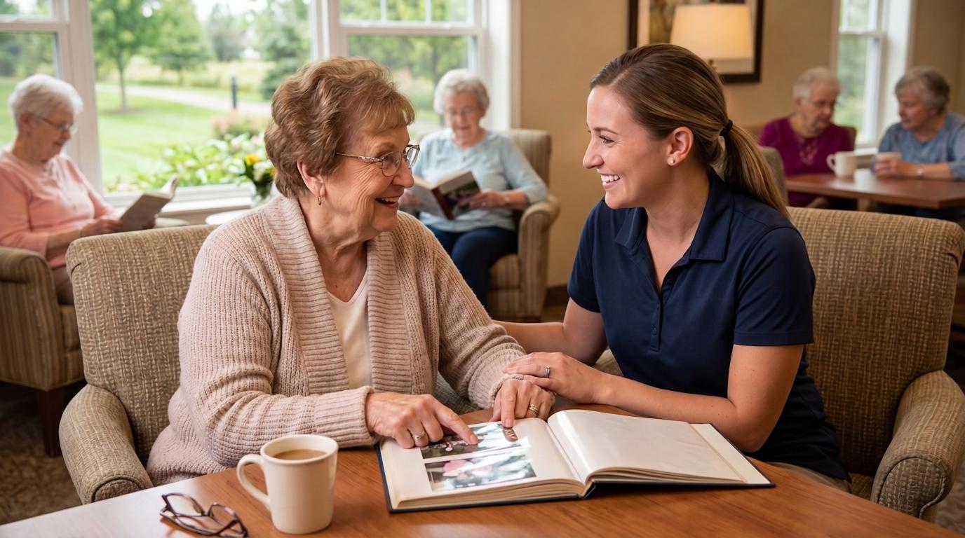 Assisted living resident enjoying a calm daily routine at Cedar Creek senior living community in East Bethel.