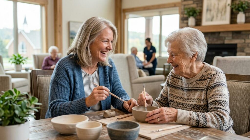 Smiling older adult in a bright, welcoming assisted living common area, enjoying a relaxed, independent lifestyle.
