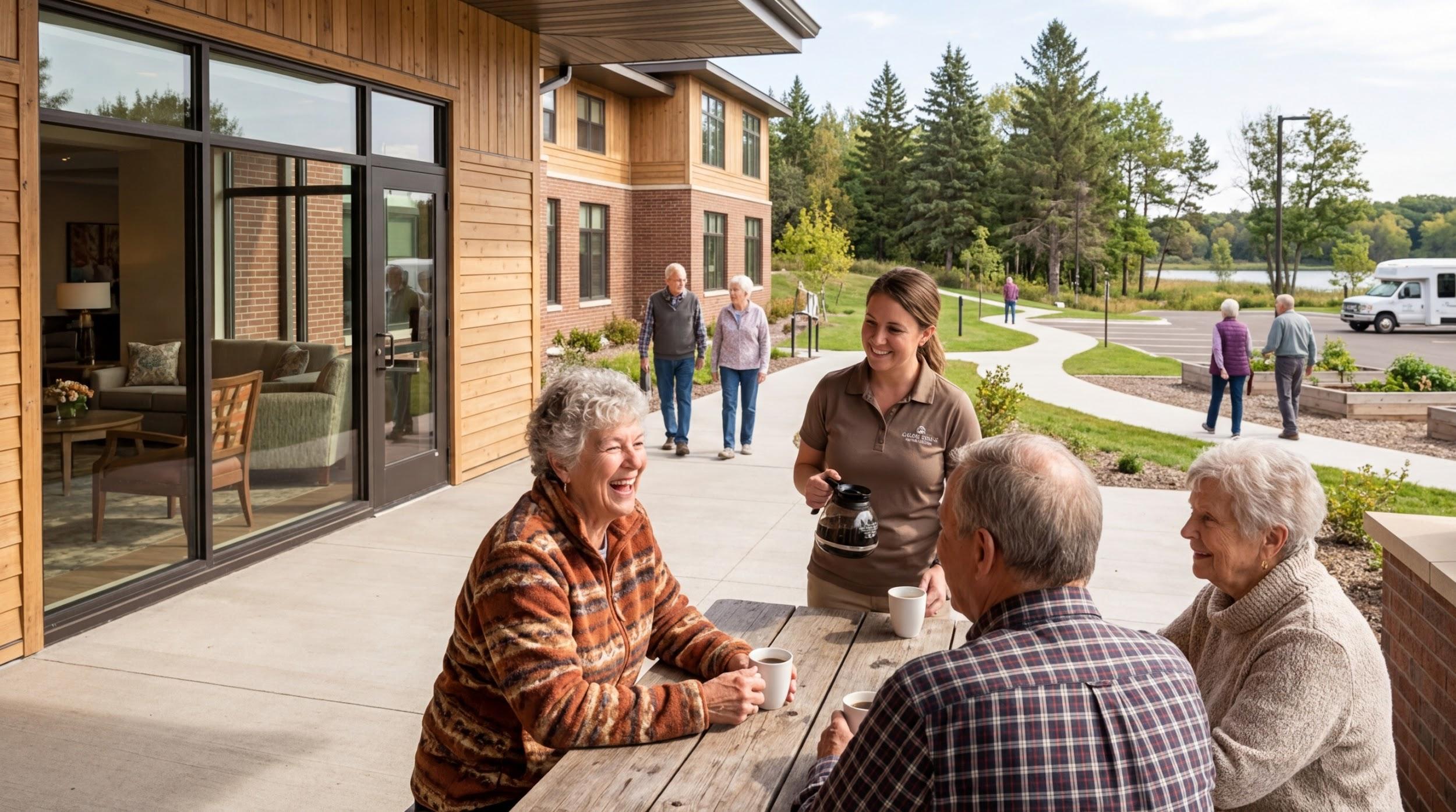 Smiling seniors share a coffee together at a picnic table outside an assisted living community, surrounded by walking paths.