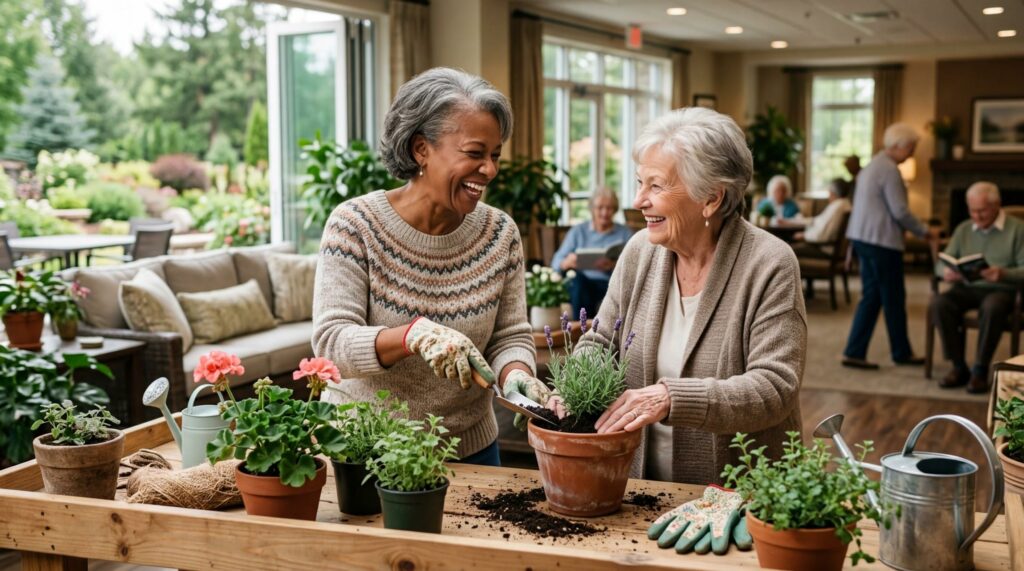 Smiling seniors socialize in a bright, welcoming common area of a senior living community.