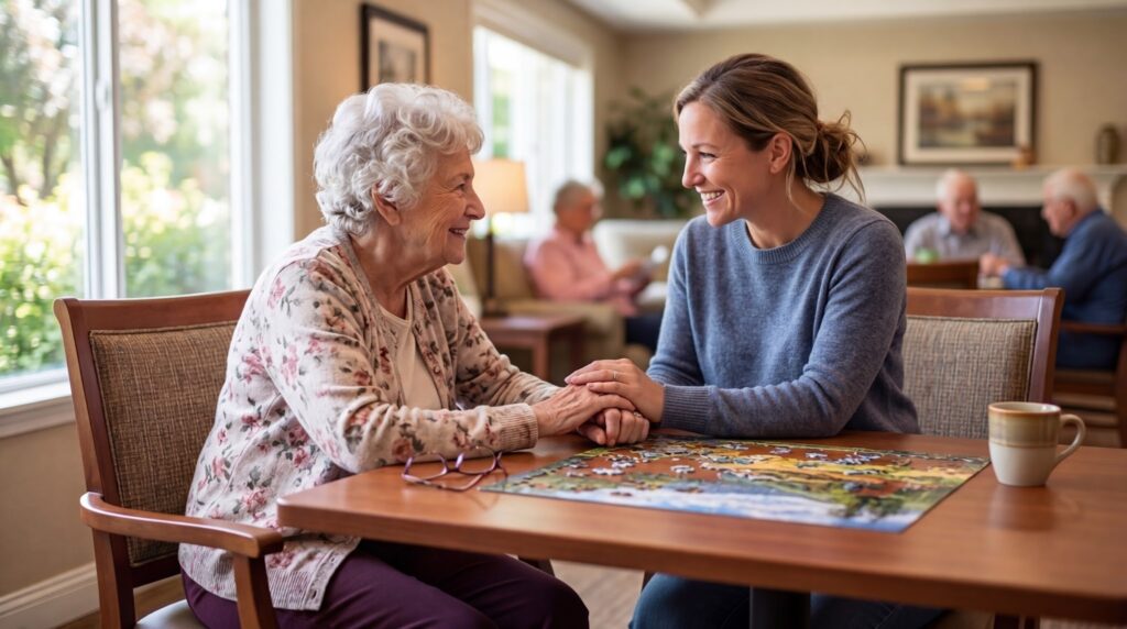 An older adult and their visiting family member hold hands while completing a jigsaw puzzle in a memory care community in East Bethel.