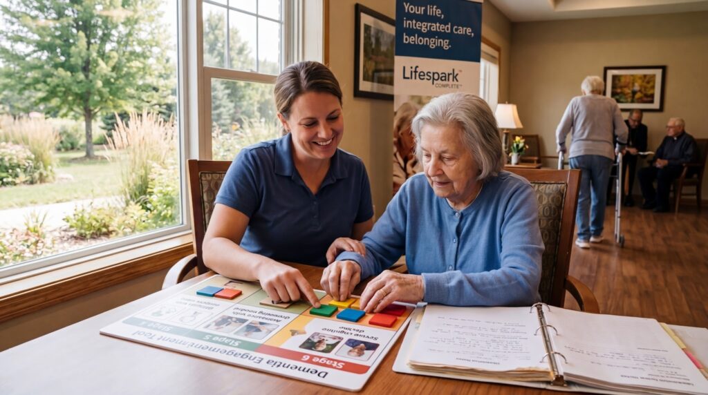 A senior and a caregiver review a visual guide to the FAST Scale for dementia, showing progression stages to help families understand memory care needs.