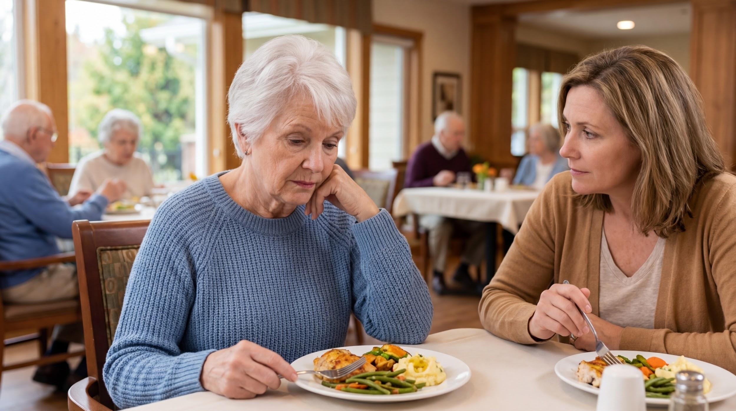 Two adults sit at a dining table as one looks at a plate of food while the other looks toward them.
